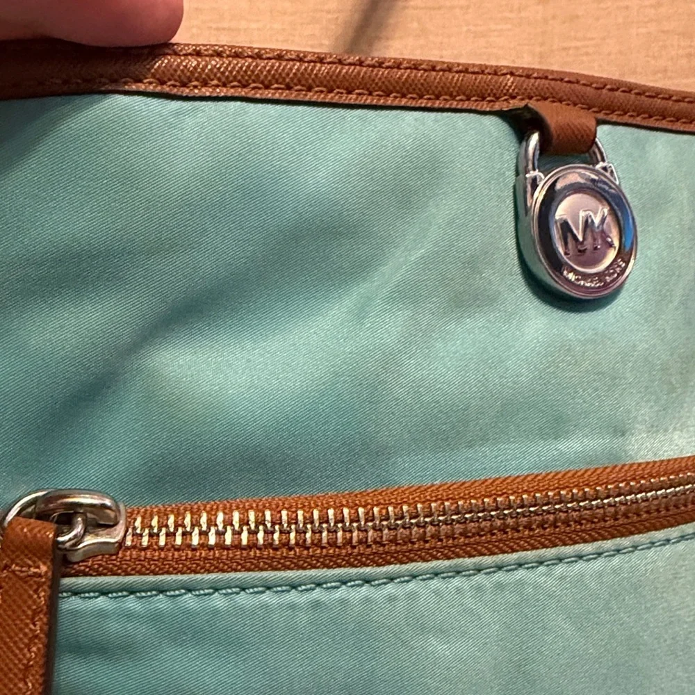 Michael Kors “Kempton” Aquamarine Nylon Crossbody Bag with Leather Trim